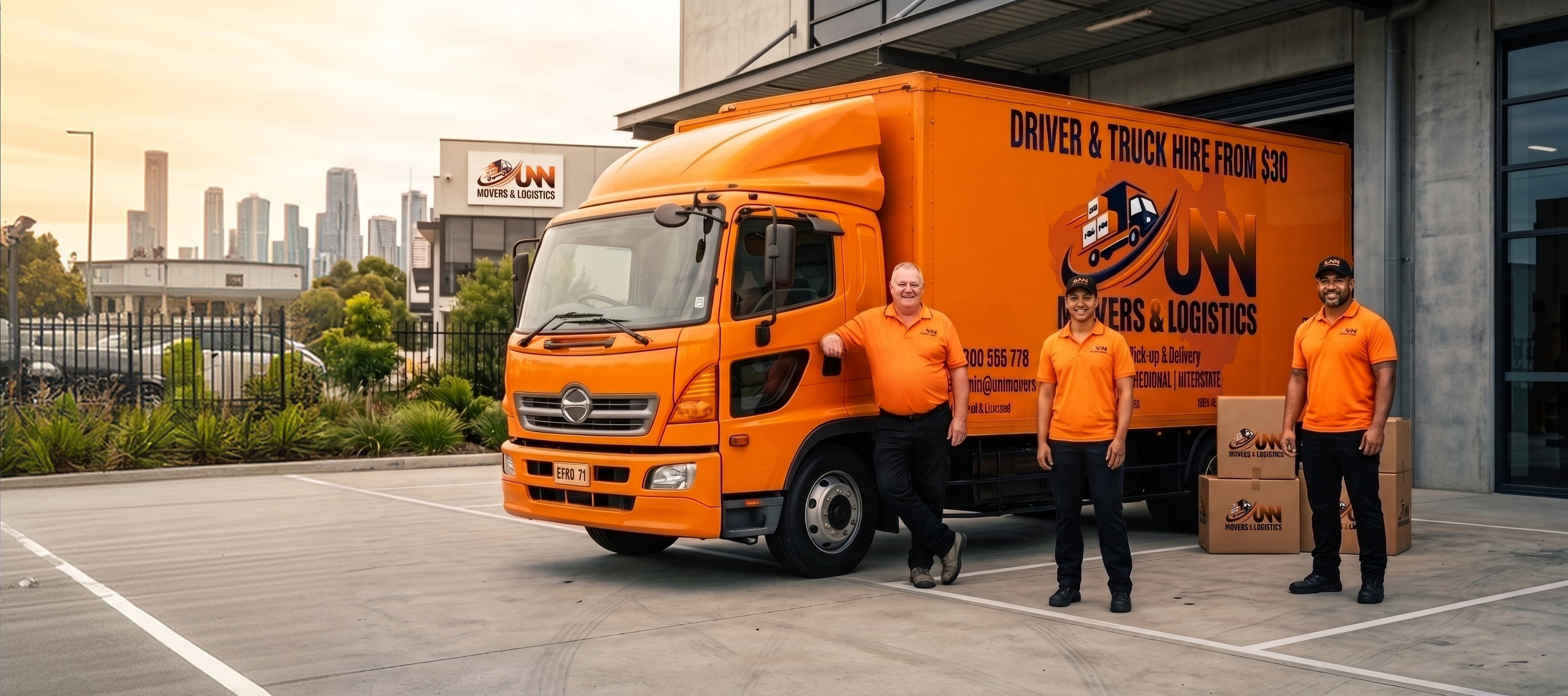 UNN professional moving team beside the removal truck