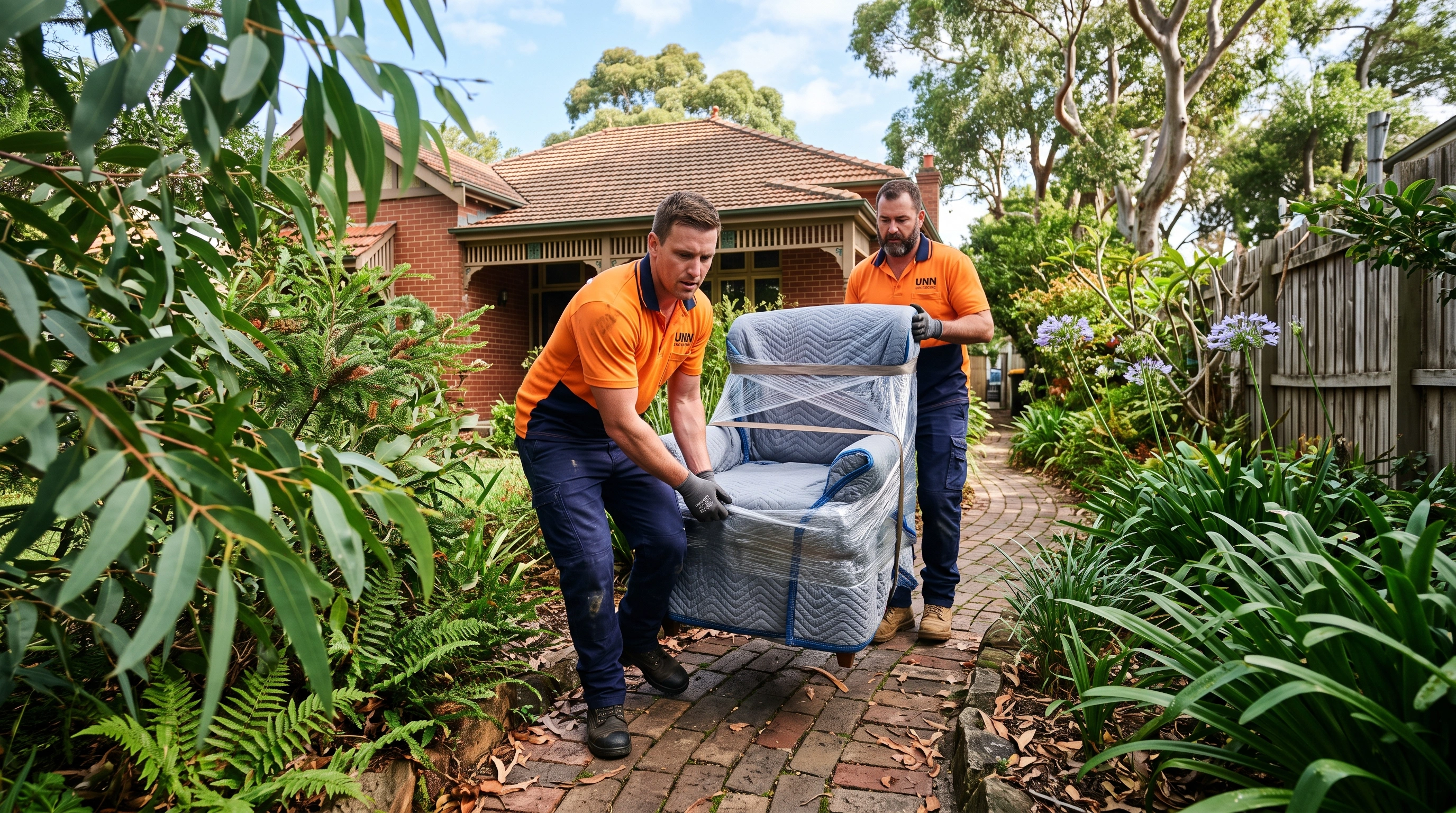Two UNN movers carrying a blanket-wrapped armchair down the garden path of a brick Sydney home