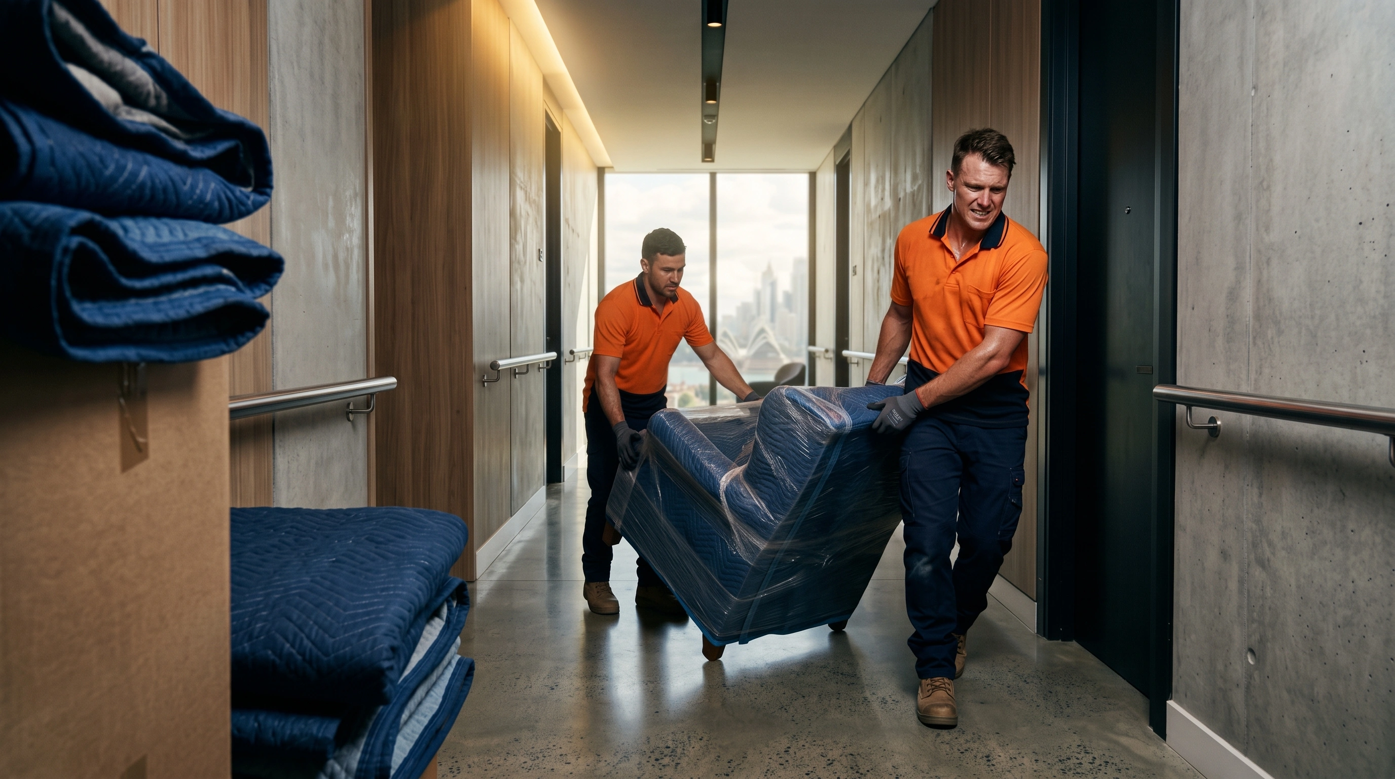 UNN movers carrying a wrapped armchair along an apartment corridor with the Sydney Opera House in the window