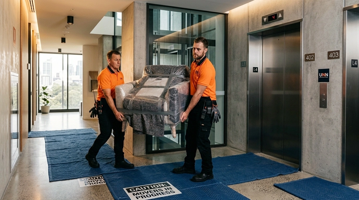 Two UNN movers carrying a wrapped sofa past the lifts over floor protection runners