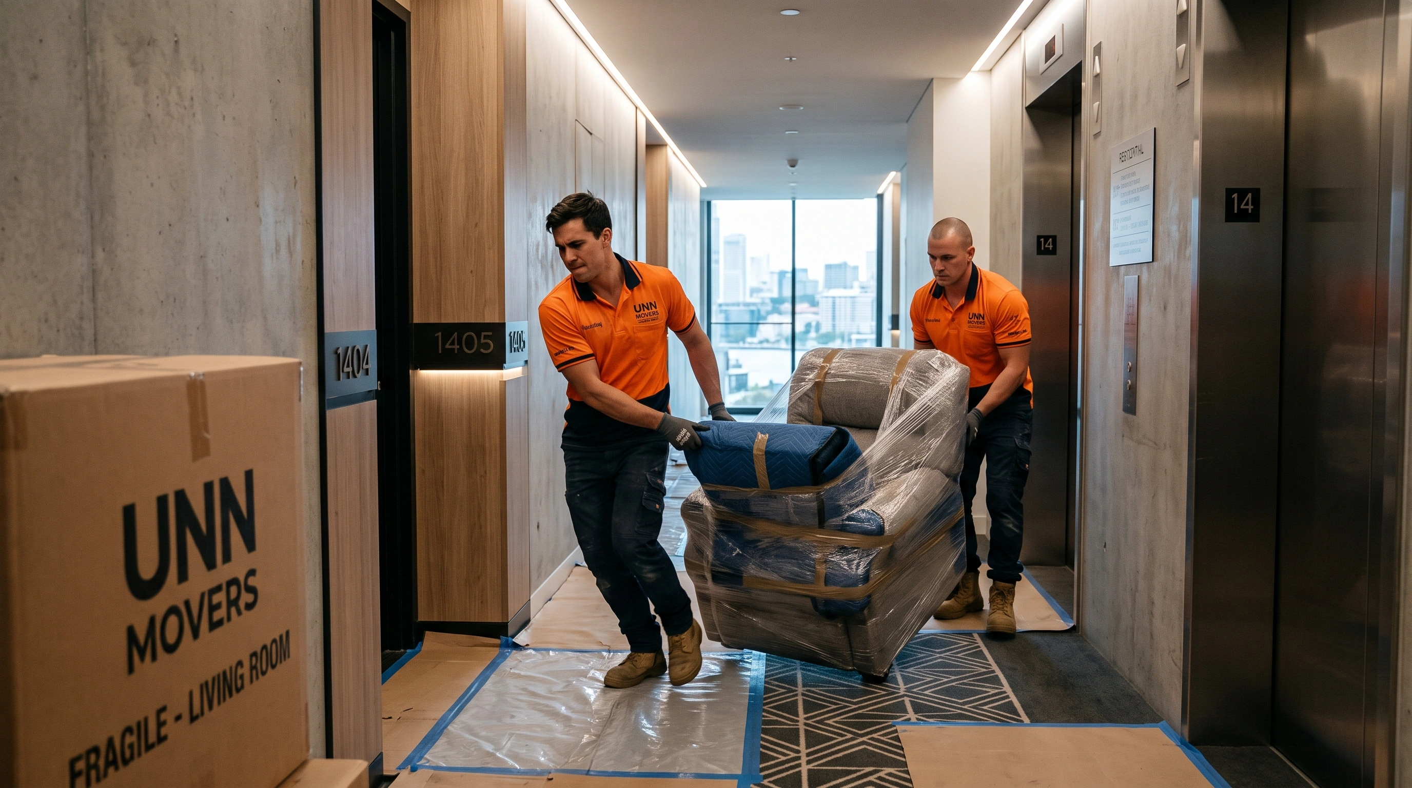 UNN movers wheeling a shrink-wrapped armchair into a high-rise apartment over taped-down floor protection